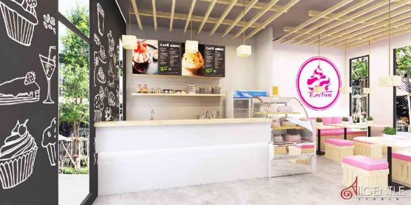 minimal cafe, รับออกแบบคาเฟ่, รับออกแบบร้านขนม, รับออกแบบร้านกาแฟ, รับทำภาพ 3D Perspective, รับเขียนแบบร้าน, รับออกแบบร้าน, Allgentle