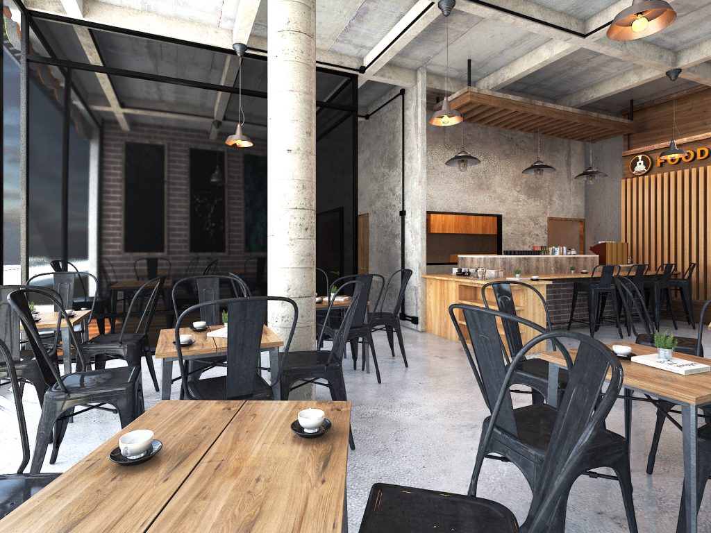ร้านอาหารสไตล์ Industrial Loft, ออกแบบร้านอาหาร, ออกแบบร้านอาหารร้าน Industrial Loft, Industrial Loft, รับออกแบบร้านอาหาร, 3D Perspective, Allgentle, รับทำภาพ 3D, รับเขียนแบบ 3D